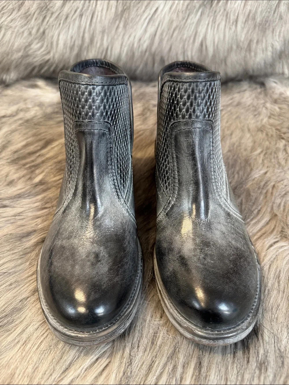 ROAN by BED|STU Black & Gray Leather Slip-On Ankle Booties with Textured Panels
